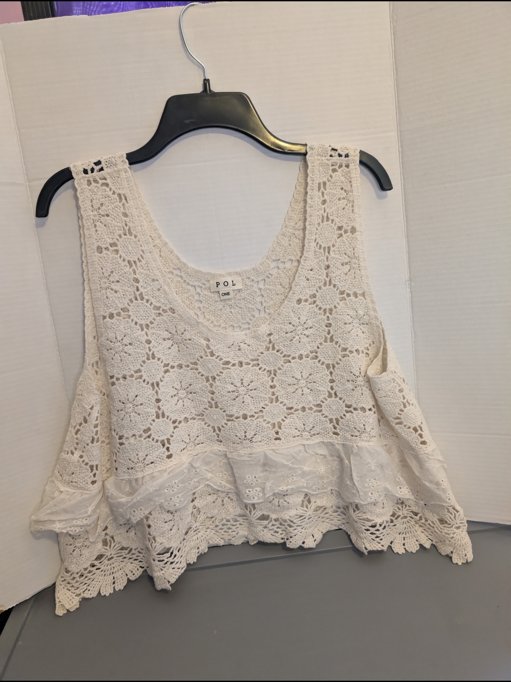 POL Cream Crochet Lace Tank with Scalloped Hem